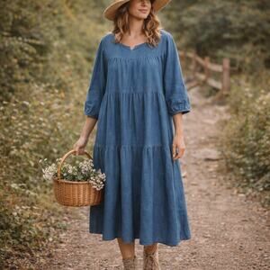 The Vermont Country Store VTG SZ L 100% Cotton Denim Tiered Midi Dress